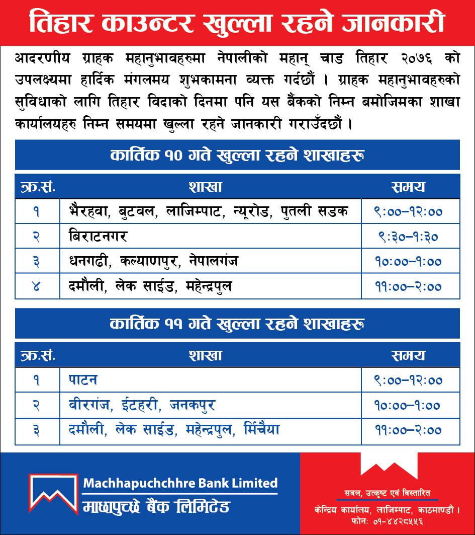 Notice regarding Tihar Counter